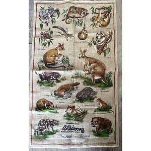 Vtg Linen Souvenir Tea Towel Billabong Australian Fauna Animals Port Macquarie